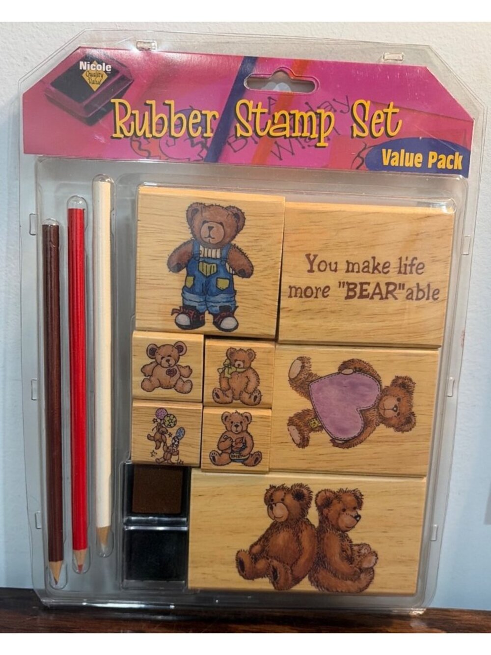 Nicole Rubber Stamp Set 8 Bear-Themed Stamps 2 Ink Pads & 3 Pencils Crafting